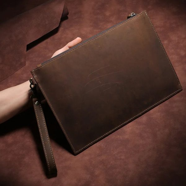 Clutch Bag Man Hand Men Luxury Vintage Crazy Horse Leather Men's Handbag Large Capacity Zipper Wallet Phone Genuine High Quality