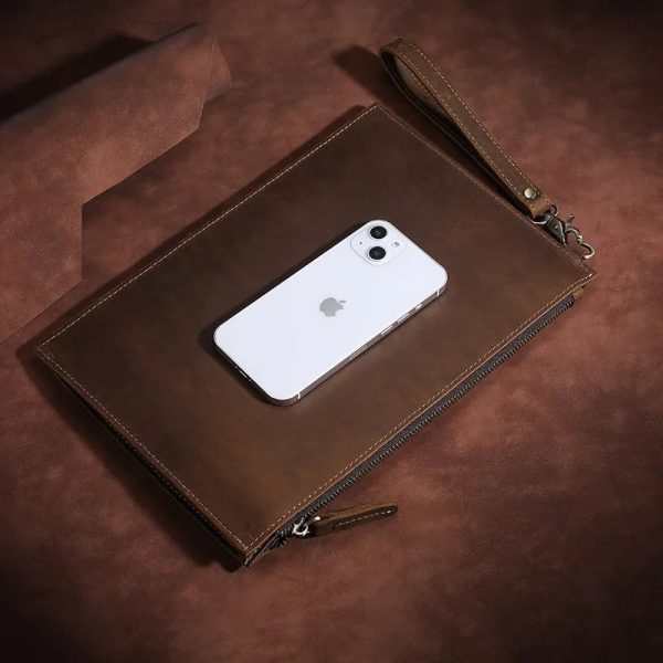 Clutch Bag Man Hand Men Luxury Vintage Crazy Horse Leather Men's Handbag Large Capacity Zipper Wallet Phone Genuine High Quality