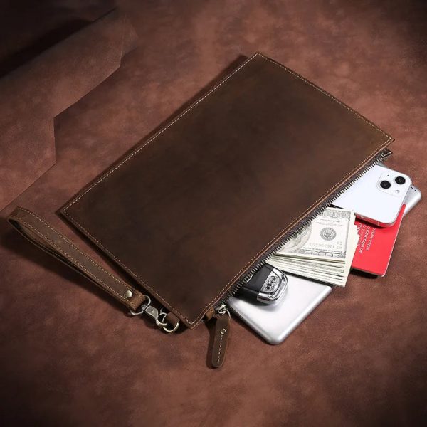 Clutch Bag Man Hand Men Luxury Vintage Crazy Horse Leather Men's Handbag Large Capacity Zipper Wallet Phone Genuine High Quality