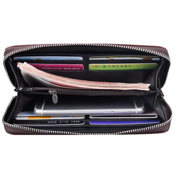 Fashion Men's Long Mobile Phone Bag Business Leather Multi Function High Capacity Zipper Wallet with Hand Belt