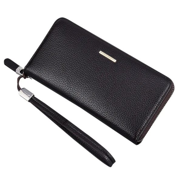 Fashion Men's Long Mobile Phone Bag Business Leather Multi Function High Capacity Zipper Wallet with Hand Belt