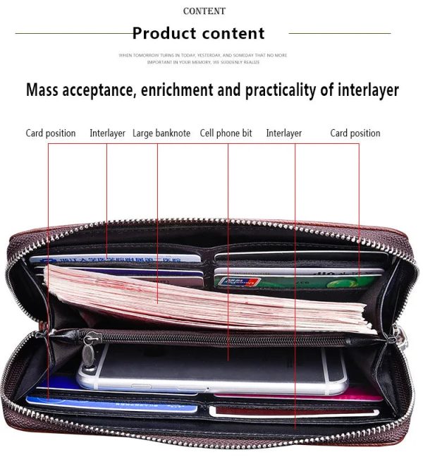 Fashion Men's Long Mobile Phone Bag Business Leather Multi Function High Capacity Zipper Wallet with Hand Belt