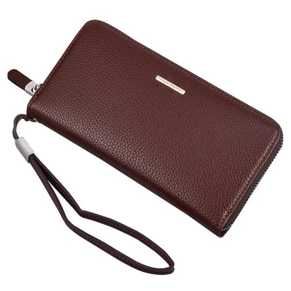 Fashion Men's Long Mobile Phone Bag Business Leather Multi Function High Capacity Zipper Wallet with Hand Belt