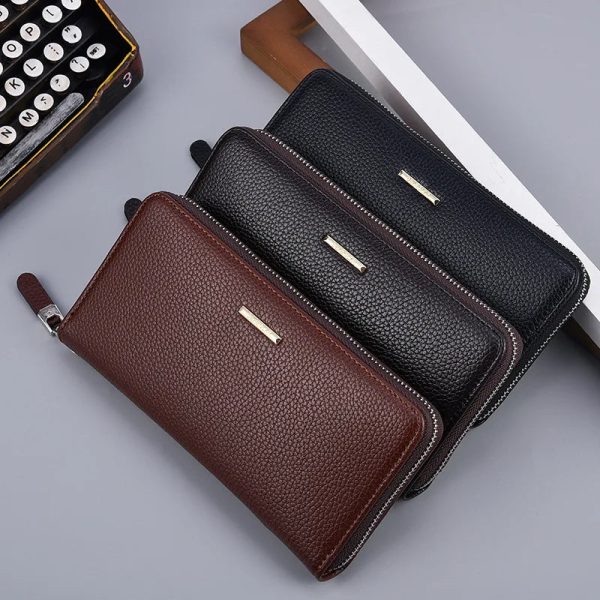 Fashion Men's Long Mobile Phone Bag Business Leather Multi Function High Capacity Zipper Wallet with Hand Belt