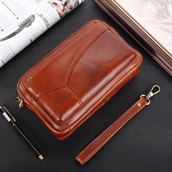 Men's Leather Clutch Purse Wallet Men Cowhide Wristlet Holder Wrist Bag Pack Business Cell Phone Cash Card Handbag