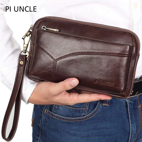 Men's Leather Clutch Purse Wallet Men Cowhide Wristlet Holder Wrist Bag Pack Business Cell Phone Cash Card Handbag