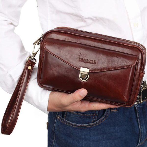 Men's Leather Clutch Purse Wallet Men Cowhide Wristlet Holder Wrist Bag Pack Business Cell Phone Cash Card Handbag