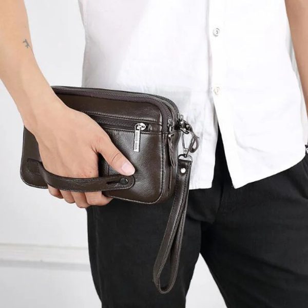 Men's Leather Clutch Purse Wallet Men Cowhide Wristlet Holder Wrist Bag Pack Business Cell Phone Cash Card Handbag
