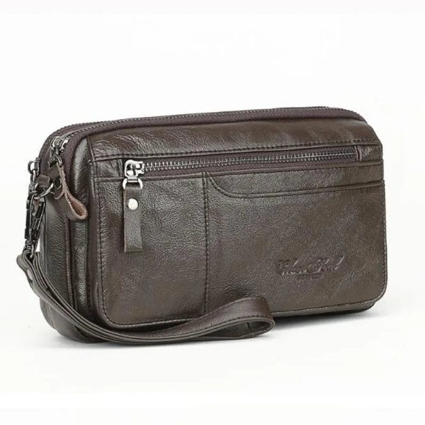 Men's Leather Clutch Purse Wallet Men Cowhide Wristlet Holder Wrist Bag Pack Business Cell Phone Cash Card Handbag