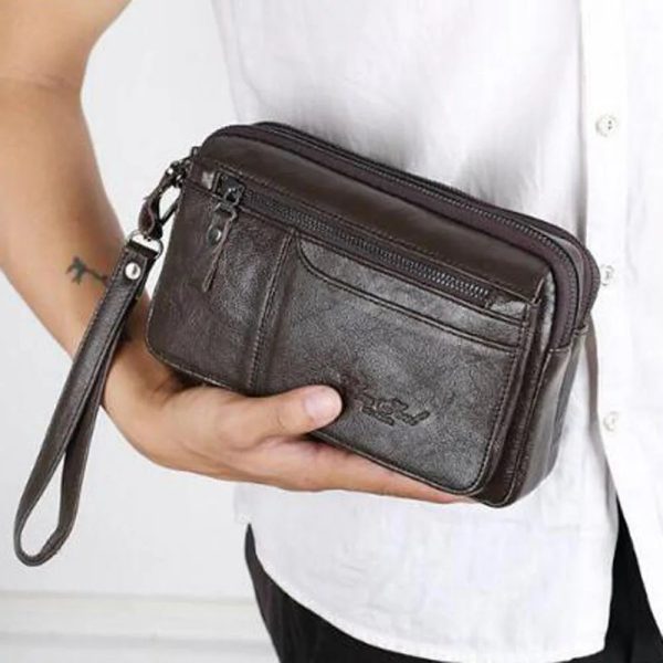 Men's Leather Clutch Purse Wallet Men Cowhide Wristlet Holder Wrist Bag Pack Business Cell Phone Cash Card Handbag