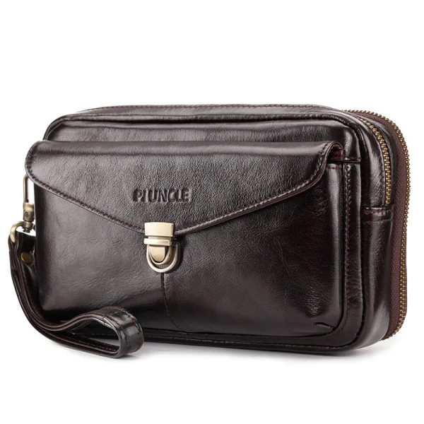 Men's Leather Clutch Purse Wallet Men Cowhide Wristlet Holder Wrist Bag Pack Business Cell Phone Cash Card Handbag