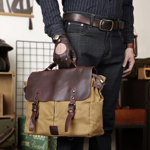 Messenger Bag Men Leather Genuine Leather Canvas 14inch Laptop Briefcase Crossbody Satchel Bag for Men