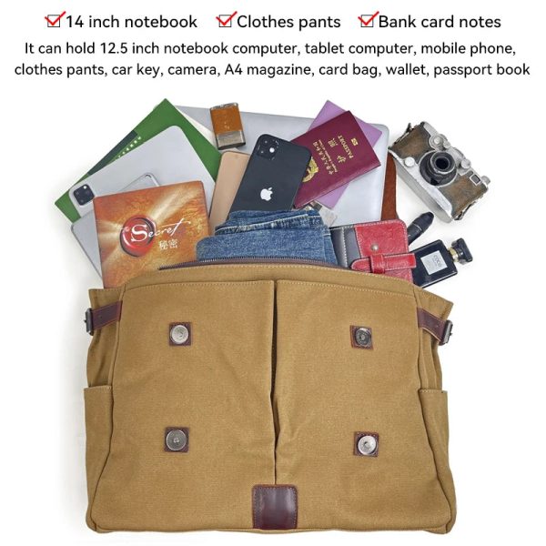Messenger Bag Men Leather Genuine Leather Canvas 14inch Laptop Briefcase Crossbody Satchel Bag for Men