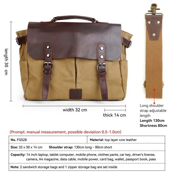 Messenger Bag Men Leather Genuine Leather Canvas 14inch Laptop Briefcase Crossbody Satchel Bag for Men