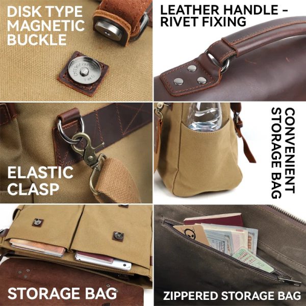 Messenger Bag Men Leather Genuine Leather Canvas 14inch Laptop Briefcase Crossbody Satchel Bag for Men