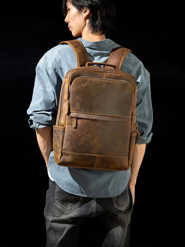 NASVA Genuine Leather Retro Backpack Men's Travel Backpack Business Travel Bag Laptop Bag School Bag For 15.6 Inch