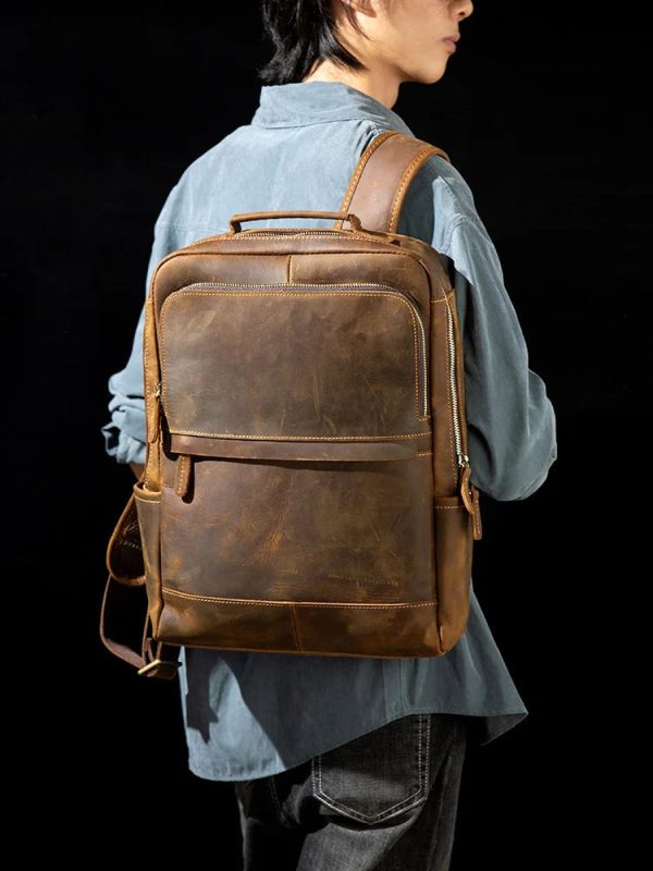 NASVA Genuine Leather Retro Backpack Men's Travel Backpack Business Travel Bag Laptop Bag School Bag For 15.6 Inch
